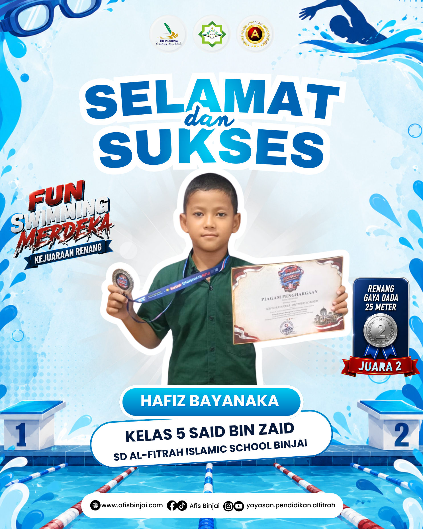 Hafiz Bayanaka Ukir Prestasi, Raih Juara 2 Renang Gaya Dada di Fun Swimming Merdeka 2026