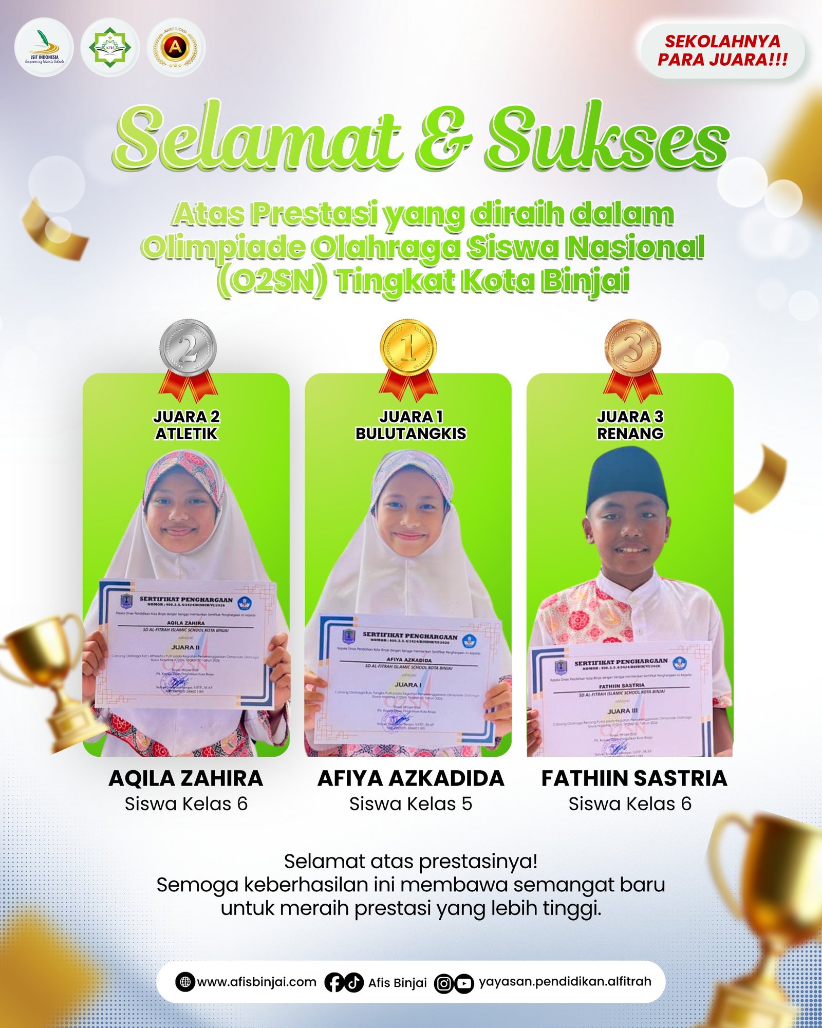 Peserta Didik AFIS Binjai Raih Prestasi Membanggakan di ajang Olimpiade Olahraga Siswa Nasional (O2SN) 2026 Kota Binjai